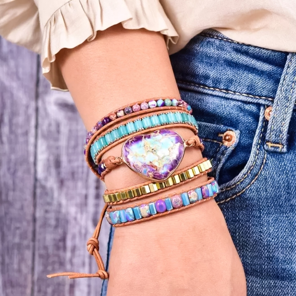 Purple Heart Jasper Beaded Wrap Bracelet - Picture 9 of 10